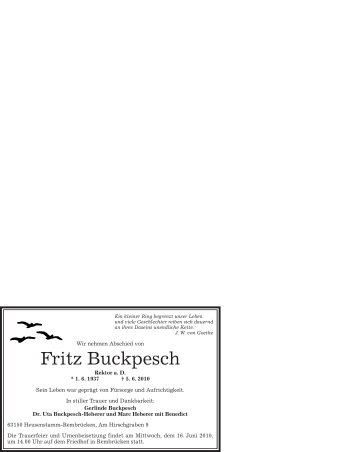 Traueranzeige von Fritz Buckpesch von OFFENBACH-POST/HANAU-POST