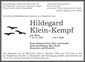 Traueranzeige von Hildegard Klein-Kempf von OFFENBACH-POST/HANAU-POST