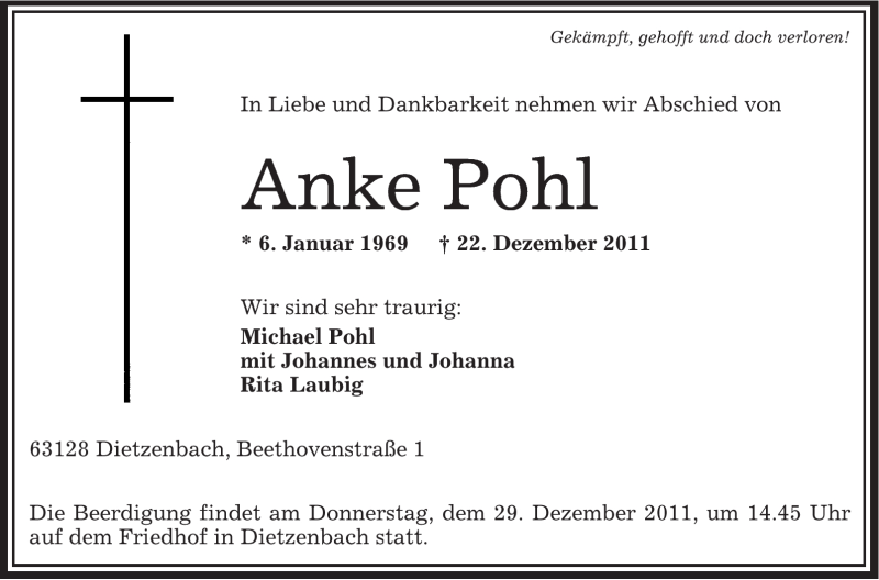  Traueranzeige für Anke Pohl vom 29.12.2011 aus OFFENBACH-POST/HANAU-POST