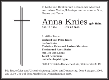 Traueranzeige von Anna Knies von OFFENBACH-POST/HANAU-POST