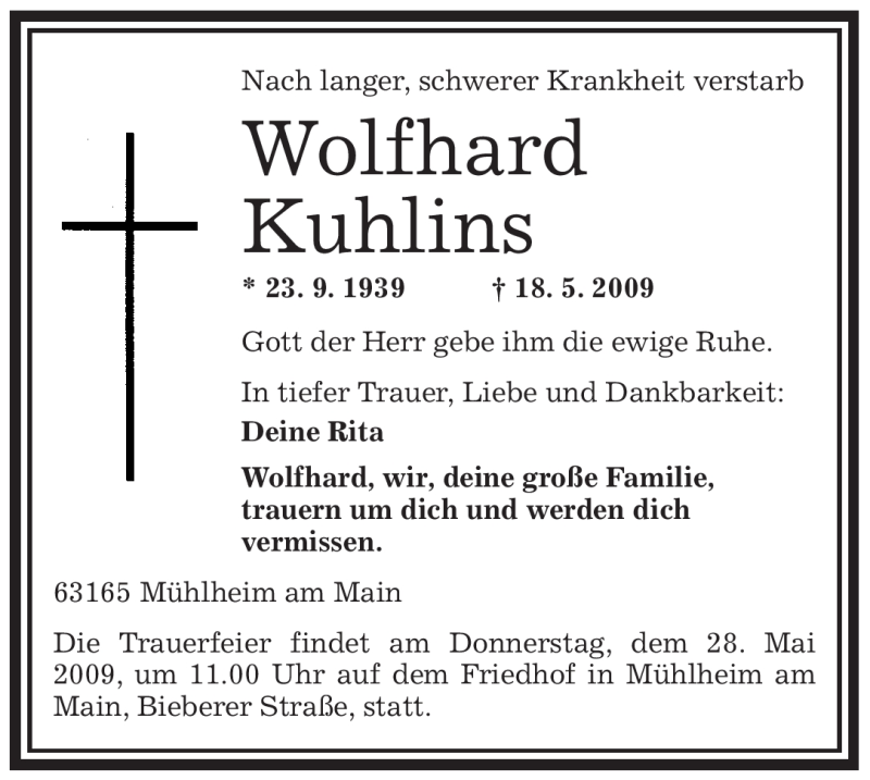  Traueranzeige für Wolfhard Kuhlins vom 23.05.2009 aus OFFENBACH-POST/HANAU-POST