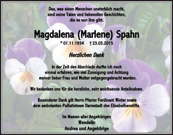 Traueranzeige von Magdalena Spahn von Offenbach