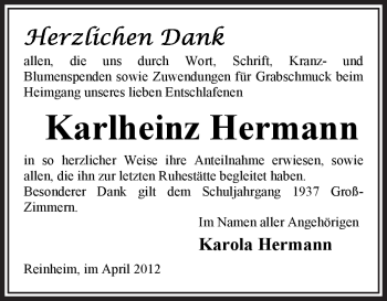 Traueranzeige von Karlheinz Hermann von OFFENBACH-POST/HANAU-POST