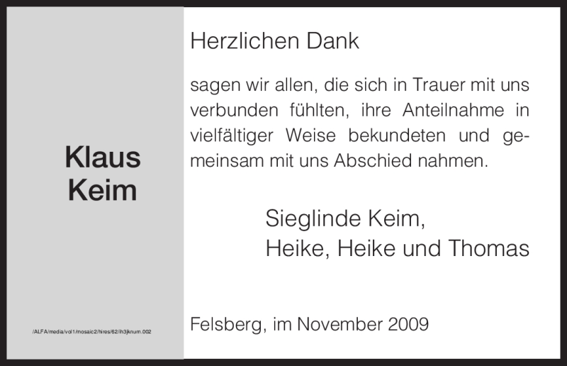  Traueranzeige für Klaus Keim vom 07.11.2009 aus OFFENBACH-POST/HANAU-POST