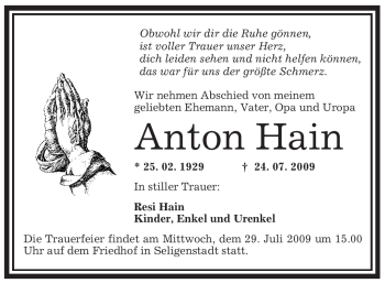 Traueranzeige von Anton Hain von OFFENBACH-POST/HANAU-POST