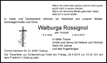 Traueranzeige von Walburga Rossignol von Offenbach