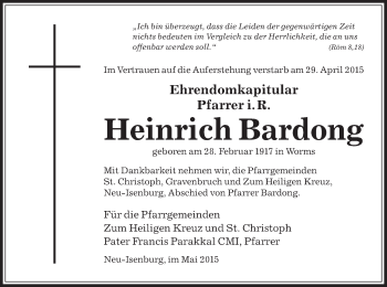 Traueranzeige von Heinrich Bardong von Offenbach