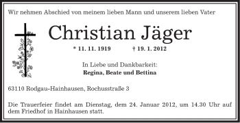 Traueranzeige von Christian Jäger von OFFENBACH-POST/HANAU-POST