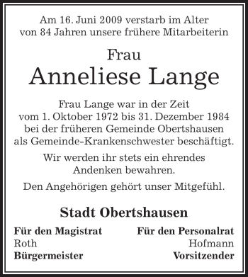 Traueranzeige von Anneliese Lange von OFFENBACH-POST/HANAU-POST