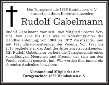 Traueranzeige von Rudolf Gabelmann von OFFENBACH-POST/HANAU-POST