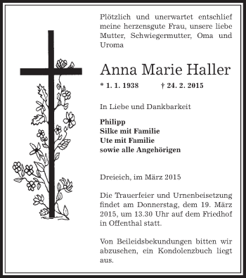 Traueranzeige von Anna Marie Haller von Offenbach