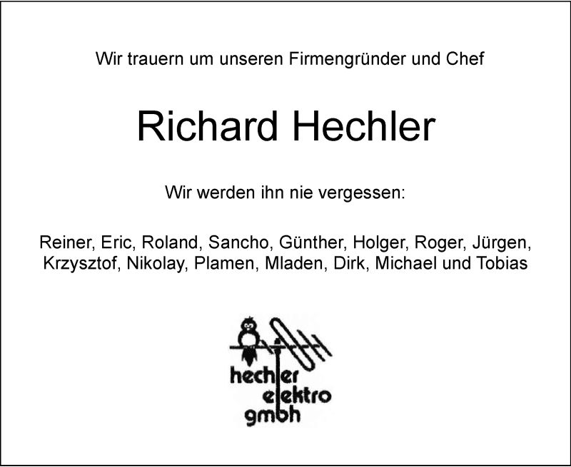  Traueranzeige für Richard Hechler vom 16.04.2015 aus Offenbach