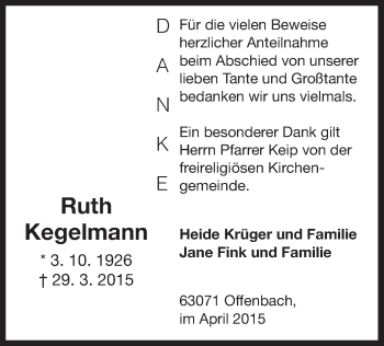 Traueranzeige von Ruth Kegelmann von Offenbach