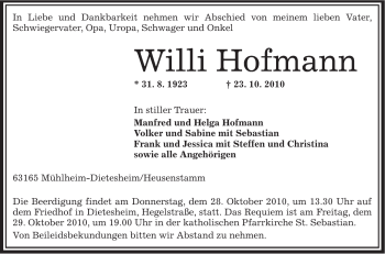 Traueranzeige von Willi Hofmann von OFFENBACH-POST/HANAU-POST