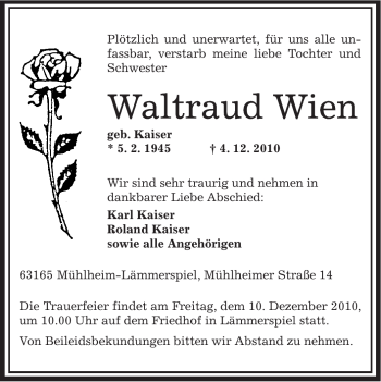 Traueranzeige von Waltraud Wien von OFFENBACH-POST/HANAU-POST