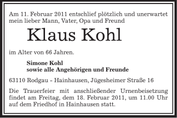 Traueranzeige von Klaus Kohl von OFFENBACH-POST/HANAU-POST