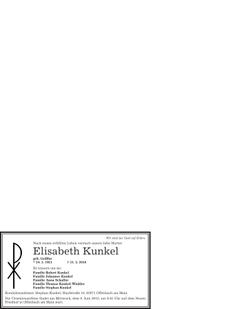 Traueranzeige von Elisabeth Kunkel von OFFENBACH-POST/HANAU-POST