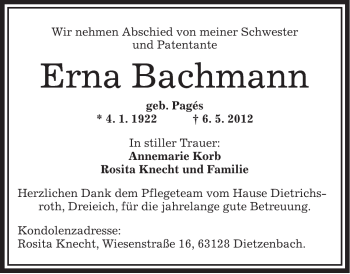 Traueranzeige von Erna Bachmann von OFFENBACH-POST/HANAU-POST