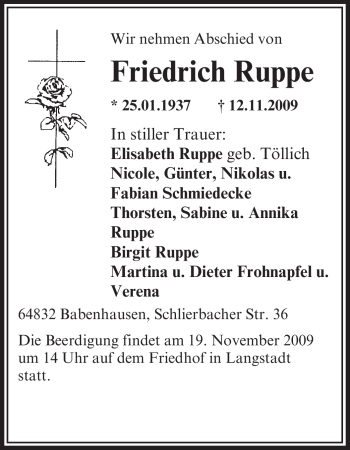 Traueranzeige von Friedrich Ruppe von OFFENBACH-POST/HANAU-POST