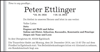 Traueranzeige von Peter Ettlinger von Offenbach