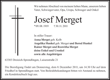 Traueranzeige von Josef Merget von OFFENBACH-POST/HANAU-POST