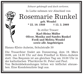 Traueranzeige von Rosemarie Runkel von OFFENBACH-POST/HANAU-POST