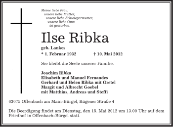 Traueranzeige von Ilse Ribka von OFFENBACH-POST/HANAU-POST
