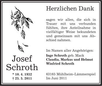 Traueranzeige von Josef Schroth von OFFENBACH-POST/HANAU-POST