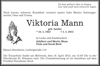 Traueranzeige von Viktoria Mann von OFFENBACH-POST/HANAU-POST