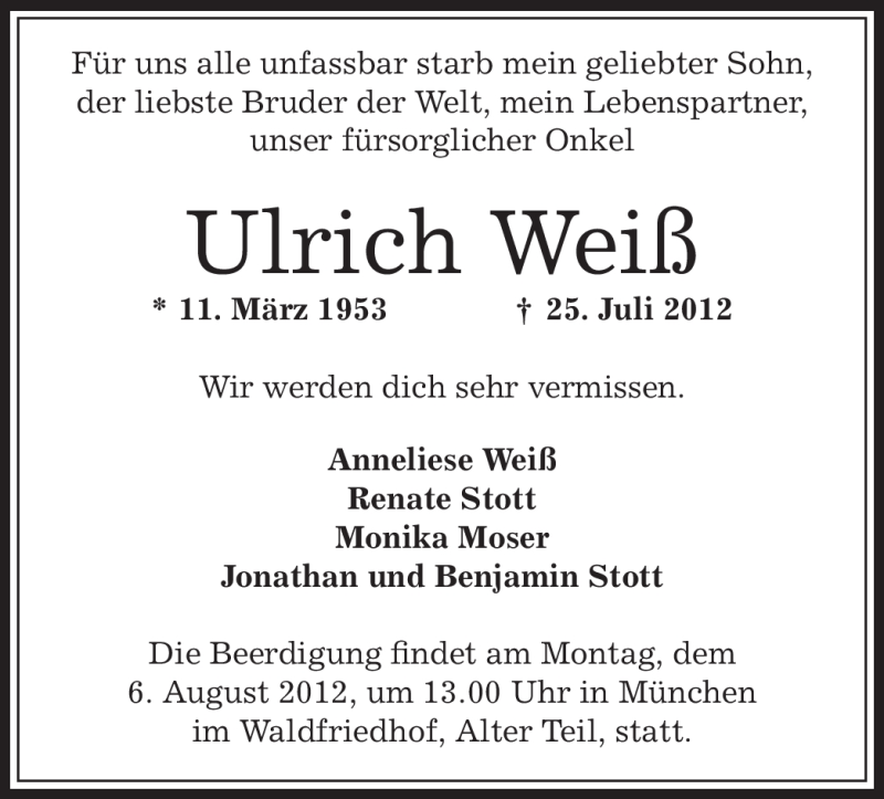  Traueranzeige für Ulrich Weiß vom 01.08.2012 aus OFFENBACH-POST/HANAU-POST
