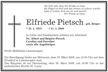 Traueranzeige von Elfriede Pietsch von OFFENBACH-POST/HANAU-POST