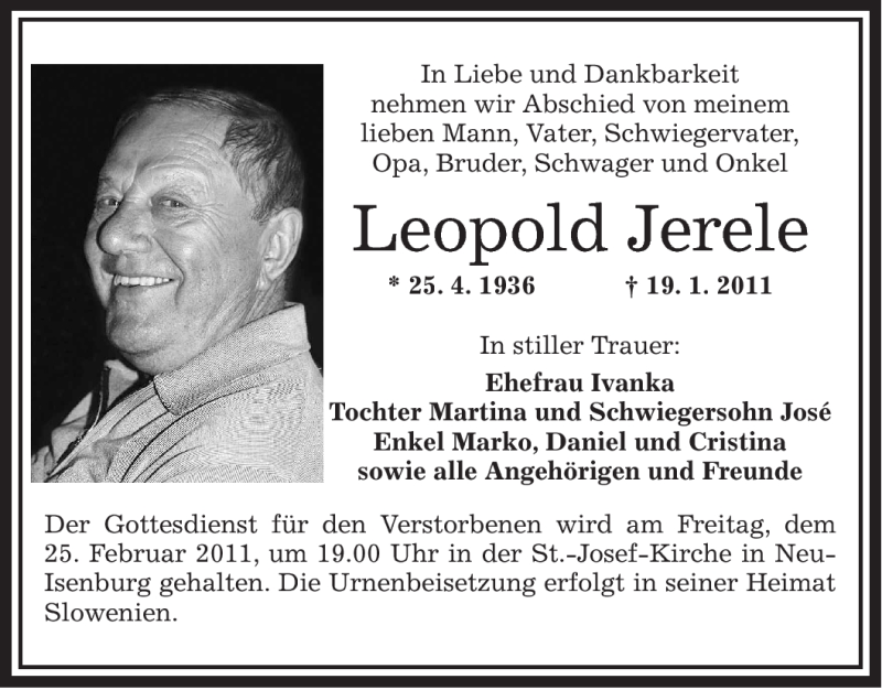 Traueranzeigen von Leopold Jerele