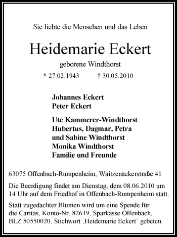 Traueranzeige von Heidemarie Eckert von OFFENBACH-POST/HANAU-POST