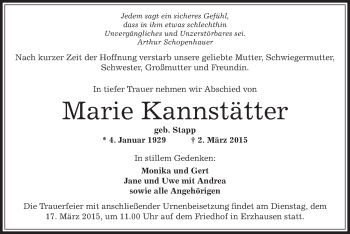 Traueranzeige von Marie Kannstätter von Offenbach