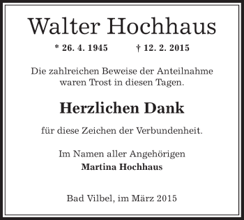 Traueranzeige von Walter Hochhaus von Offenbach