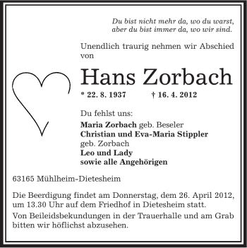 Traueranzeige von Hans Zorbach von OFFENBACH-POST/HANAU-POST