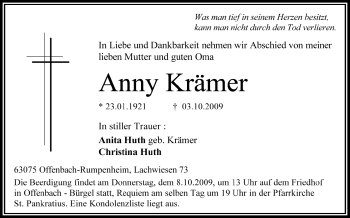 Traueranzeige von Anny Krämer von OFFENBACH-POST/HANAU-POST