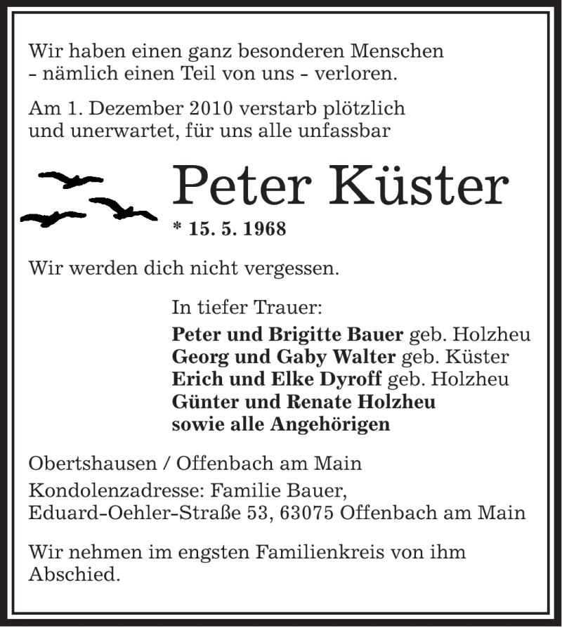  Traueranzeige für Peter Küster vom 08.12.2010 aus OFFENBACH-POST/HANAU-POST