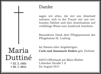 Traueranzeige von Maria Duttiné von OFFENBACH-POST/HANAU-POST