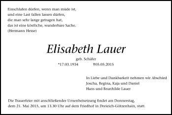 Traueranzeige von Elisabeth Lauer von Offenbach