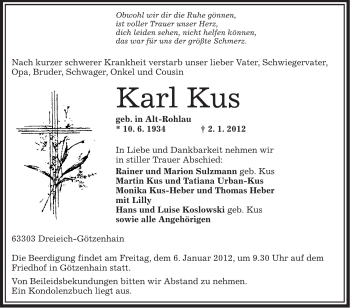 Traueranzeige von Karl Kus von OFFENBACH-POST/HANAU-POST