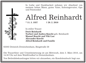 Traueranzeige von Alfred Reinhardt von OFFENBACH-POST/HANAU-POST