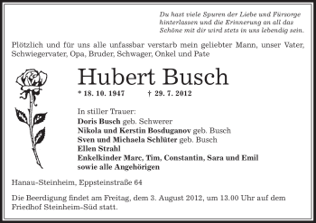 Traueranzeige von Hubert Busch von OFFENBACH-POST/HANAU-POST