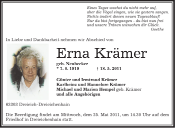 Traueranzeige von Erna Krämer von OFFENBACH-POST/HANAU-POST