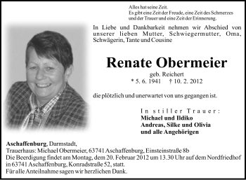 Traueranzeige von Renate Obermeier von OFFENBACH-POST/HANAU-POST