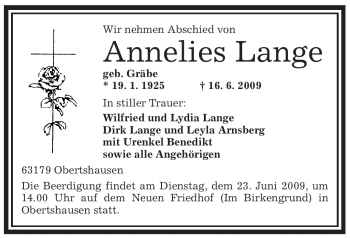 Traueranzeige von Annelies Lange von OFFENBACH-POST/HANAU-POST