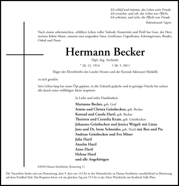 Traueranzeige von Hermann Becker von OFFENBACH-POST/HANAU-POST