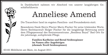 Traueranzeige von Anneliese Amend von OFFENBACH-POST/HANAU-POST