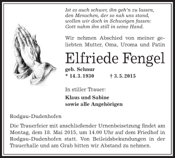 Traueranzeige von Elfriede Fengel von Offenbach