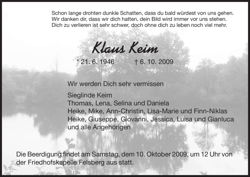  Traueranzeige für Klaus Keim vom 09.10.2009 aus OFFENBACH-POST/HANAU-POST